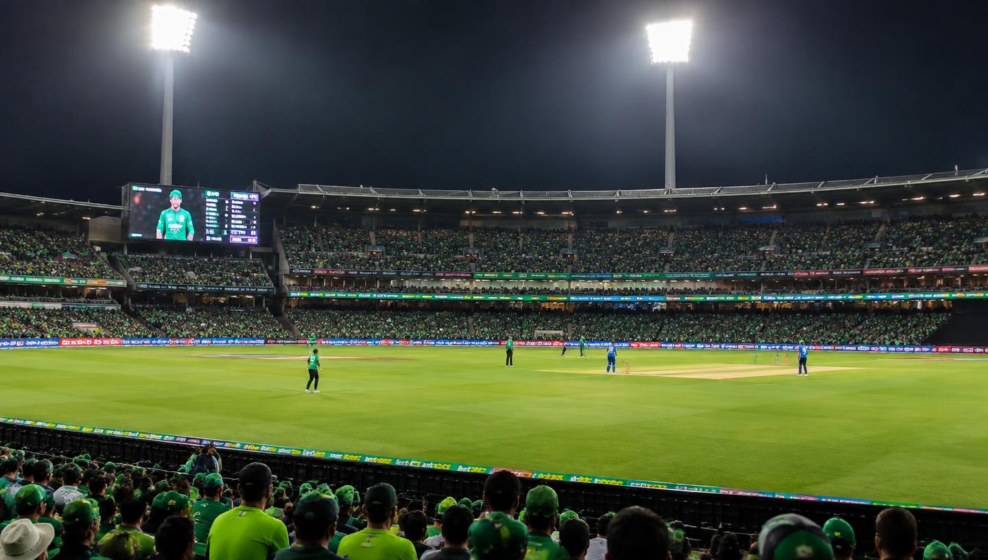 Floodlit cricket stadium filled with fans