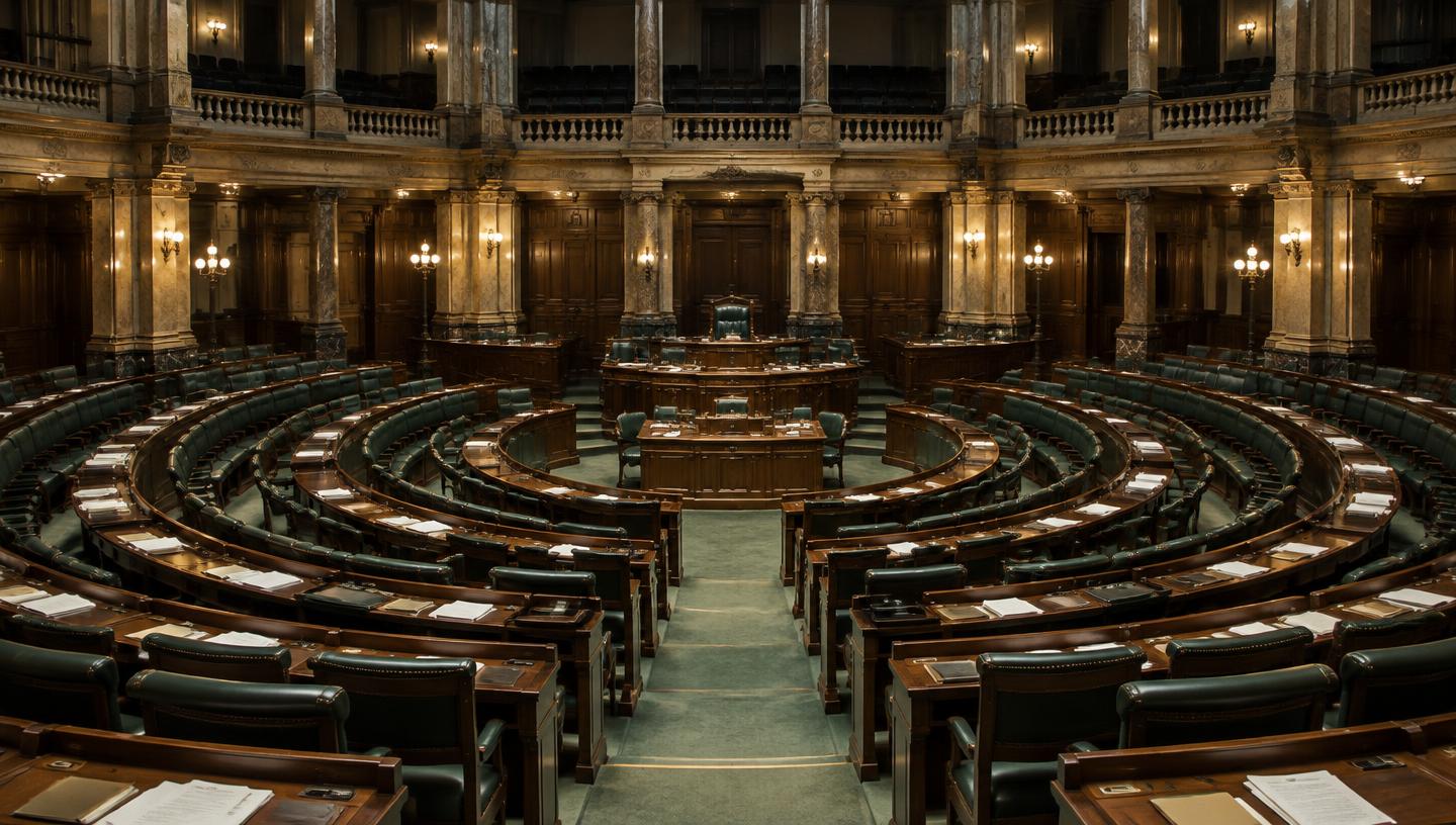 Parliamentary debating chamber lit at night