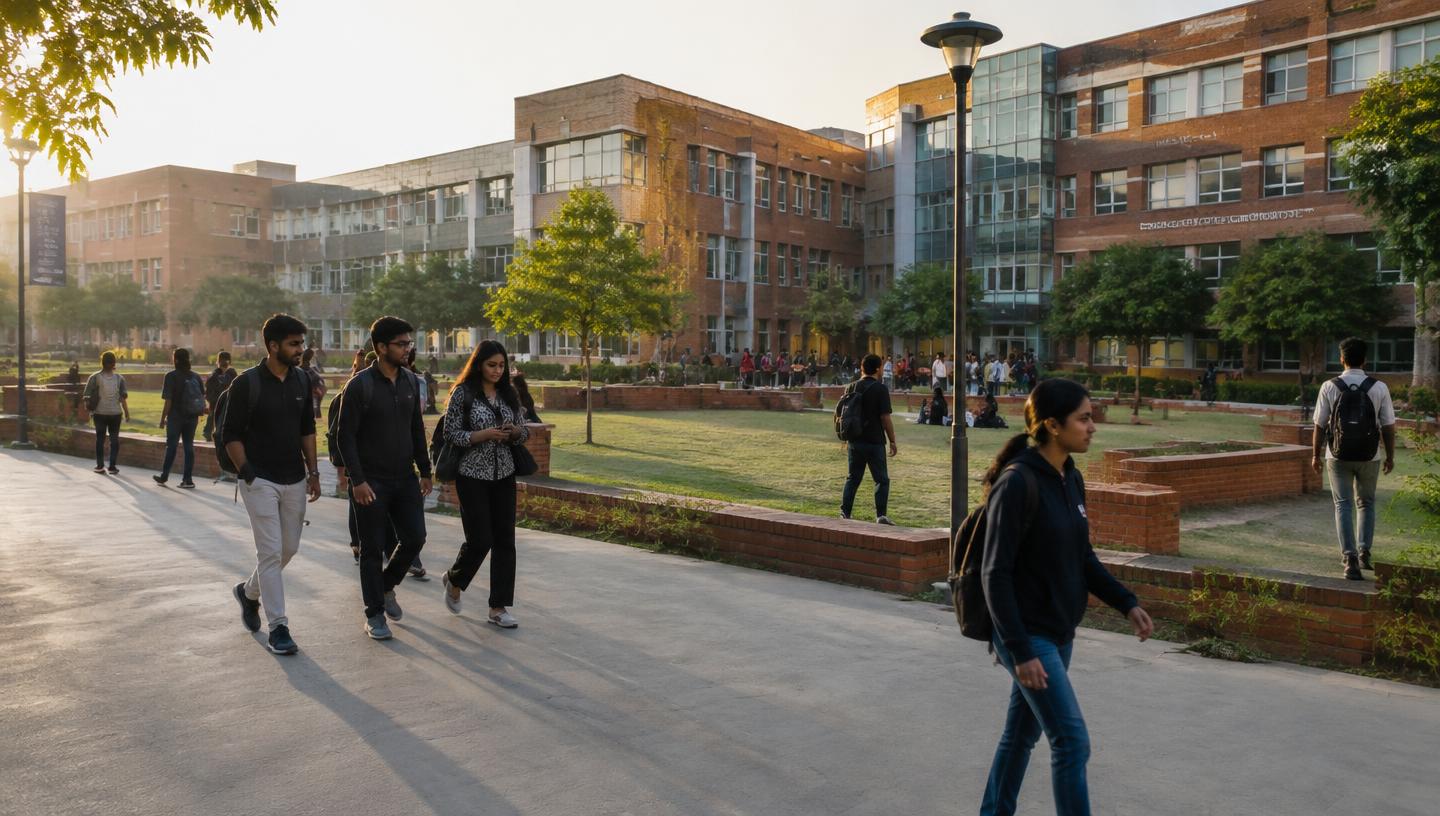 Students walking across a university campus